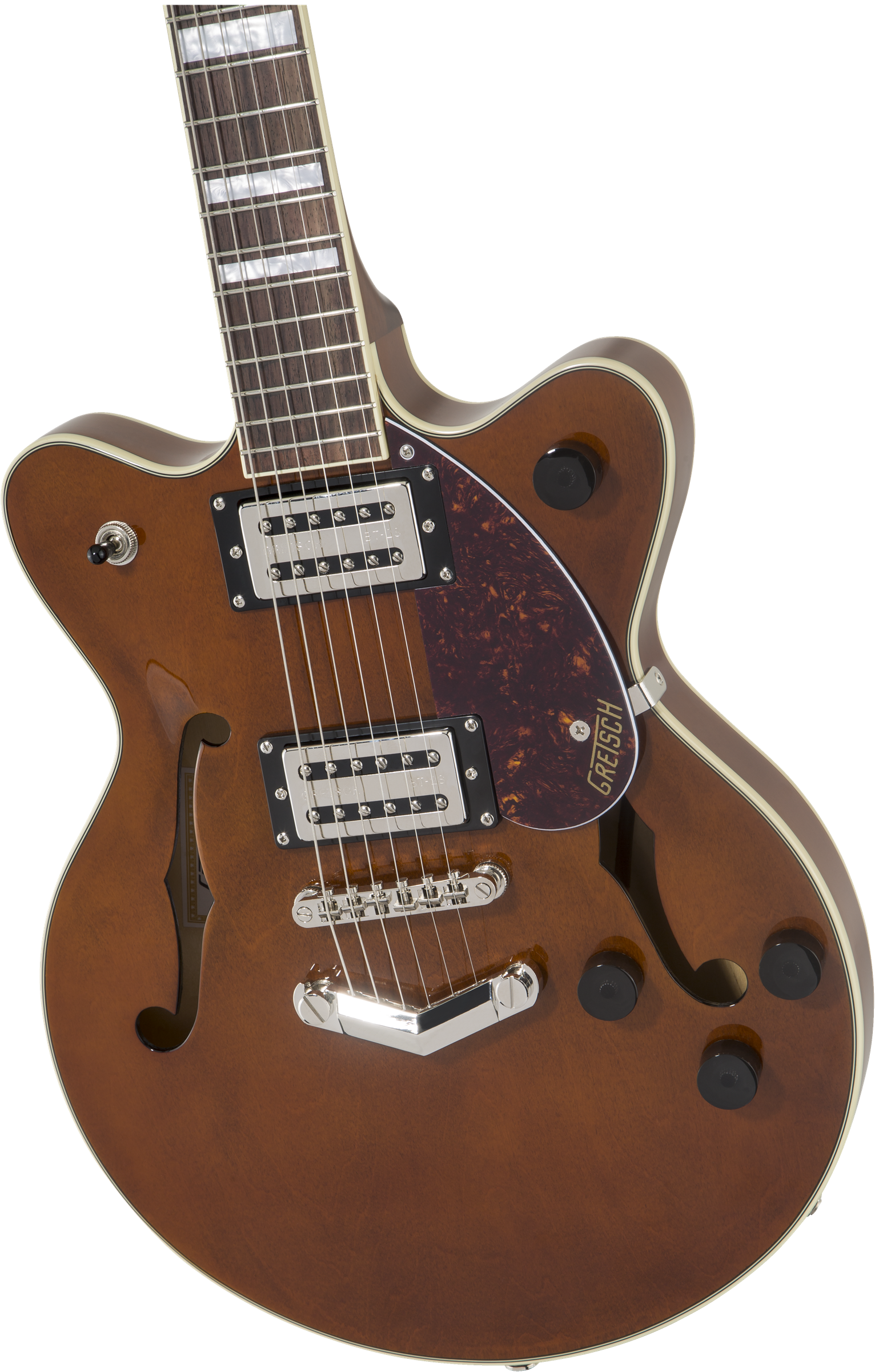 GUITARRA ELECTRICA GRETSCH G2655 BLOQUE CENTRAL STREAMLINER™ JR. DE DOBLE CORTE CON TOPE EN V MOD2806500593 EN COLOR MARRON