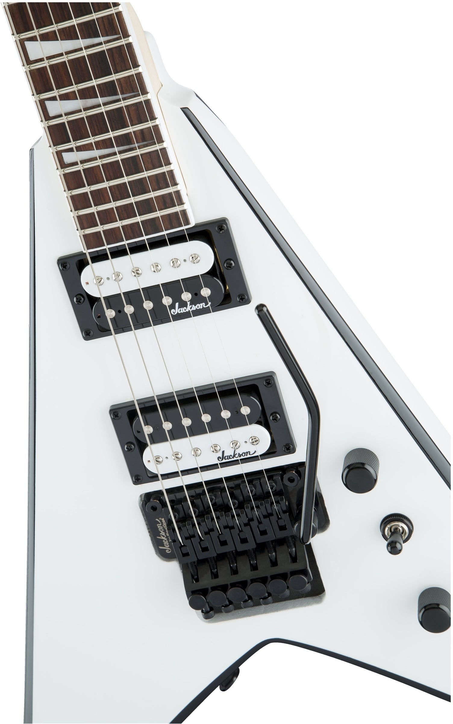 GUITARRA ELECTRICA JACKSON JS32 KING V MOD2910224577 EN COLOR BLANCO CON BISELES NEGROS, CON PUENTE FLOYD ROSE